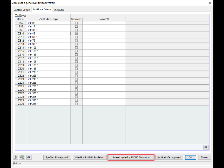 Smazání výsledků programu RWIND Simulation