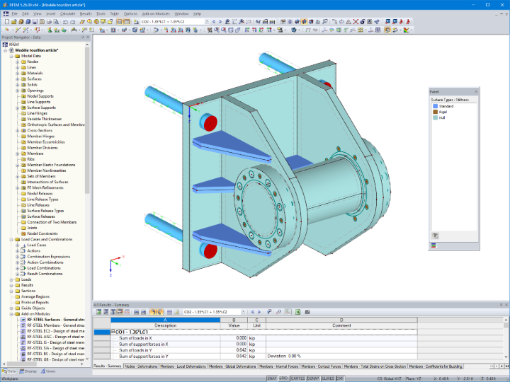 3D model otočného čepu s objemovými prvky v programu RFEM (© AGICEA)