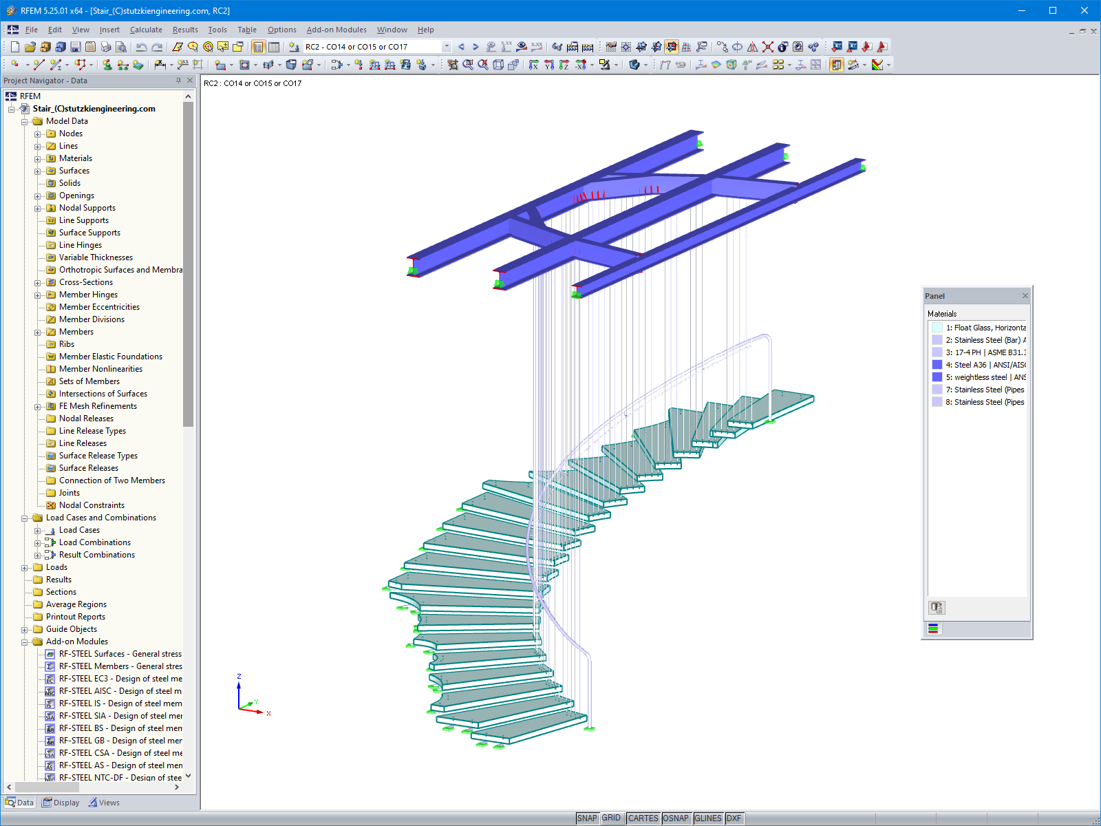 3D model zavěšeného skleněného schodiště v programu RFEM (© Stutzki Engineering)