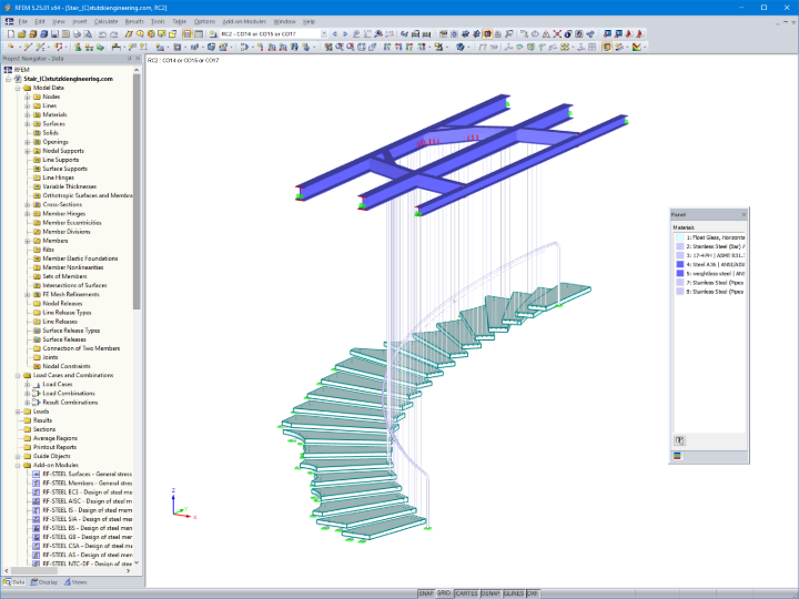 3D model zavěšeného skleněného schodiště v programu RFEM (© Stutzki Engineering)