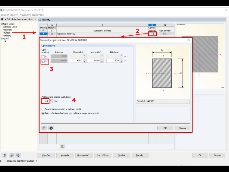Optimalizace obdélníkového průřezu v modulu RF-CONCRETE Members