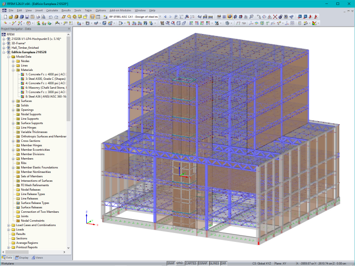 3D model administrativní budovy v programu RFEM (© Cosmos Proyectos Estructurales, S.A. de C.V.)