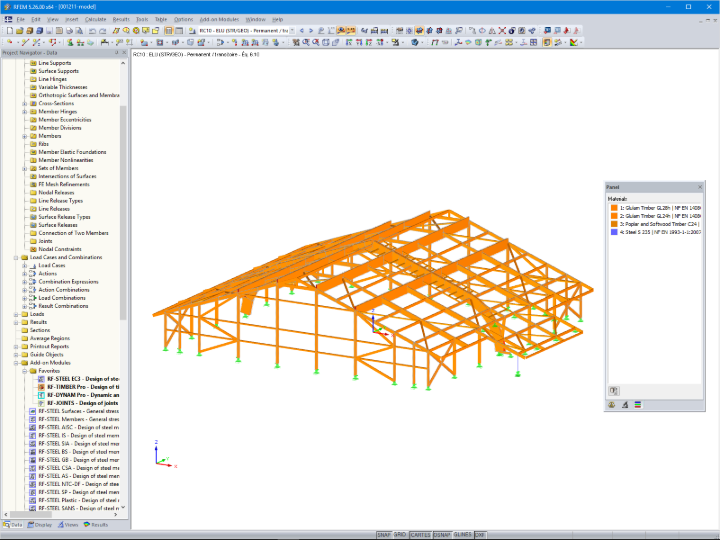 3D model dřevěné konstrukce v programu RFEM