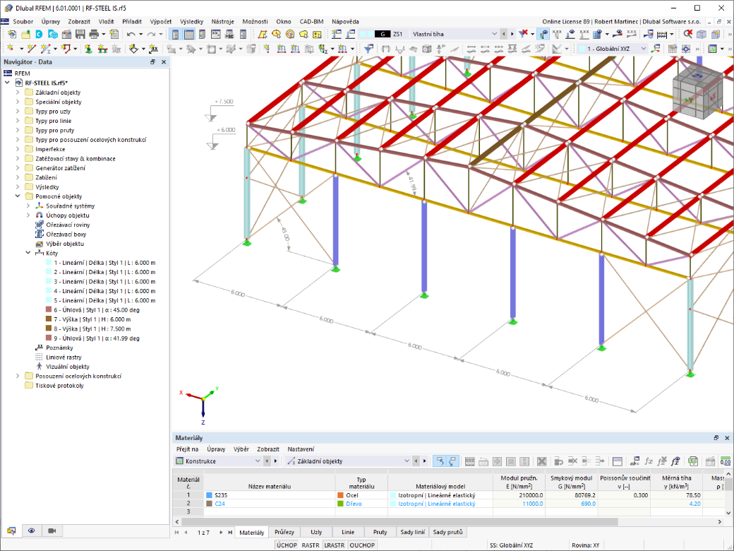 Tento snímek zobrazuje model ocelové haly s ocelovými profily tvarovanými za studena navrženými v programu RFEM 6.