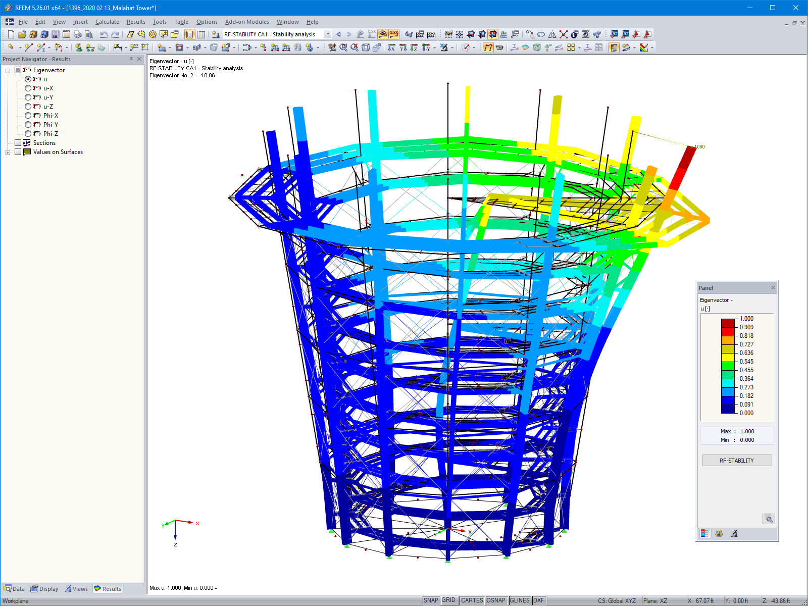 Stabilitní analýza rozhledny v programu RFEM (© Aspect Structural Engineers)