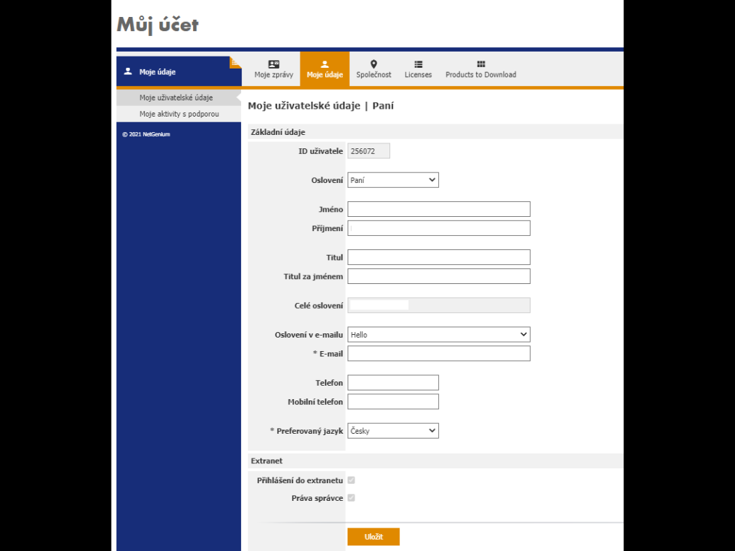 Uživatelské údaje v účtu Dlubal