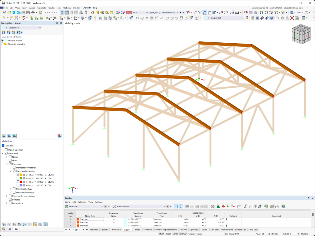 Grafické uživatelské rozhraní programu RFEM zobrazuje model haly | Jednoduché generování pohledů a zobrazení