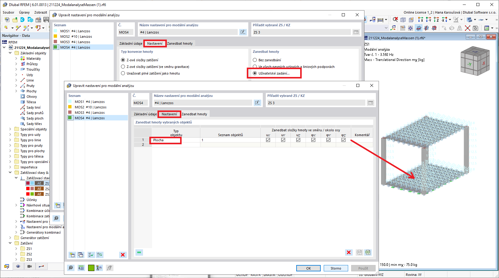 FAQ 005158 | Jak mohu v modální analýze v programu RFEM 6 / RSTAB 9 zanedbat hmoty?