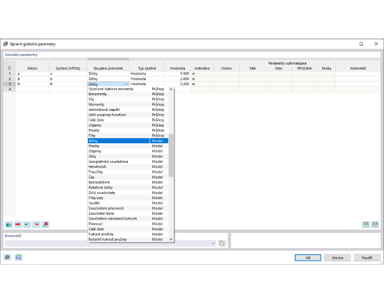 Dialog ' Upravit globální parametry '