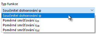 Vyberte typ funkce: Součinitel dotvarování nebo přetvoření při smršťování