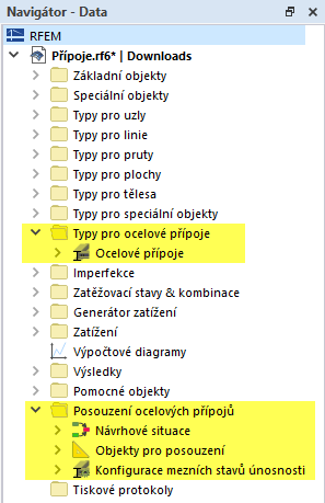 Kategorie pro posouzení ocelových přípojů v navigátoru - data