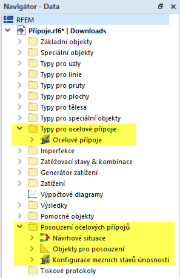 Kategorie pro posouzení ocelových přípojů v navigátoru - data