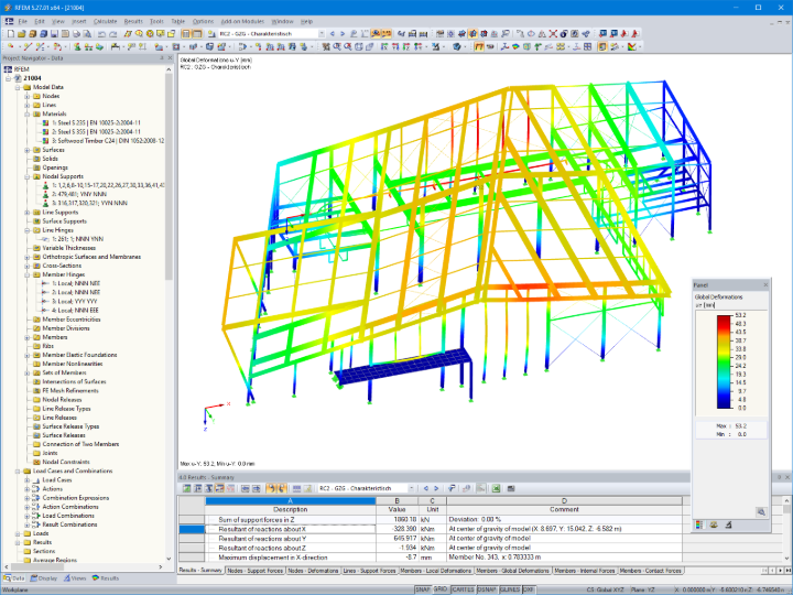 Znázornění deformací v programu RFEM (© m3-ZT GmbH)