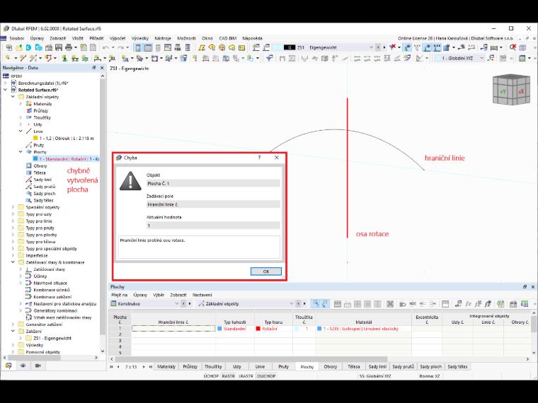FAQ 005250 | V programu RFEM bych chtěl vytvořit rotačně symetrickou plochu. Rotační plocha se však nevytvoří. Co může být příčinou?