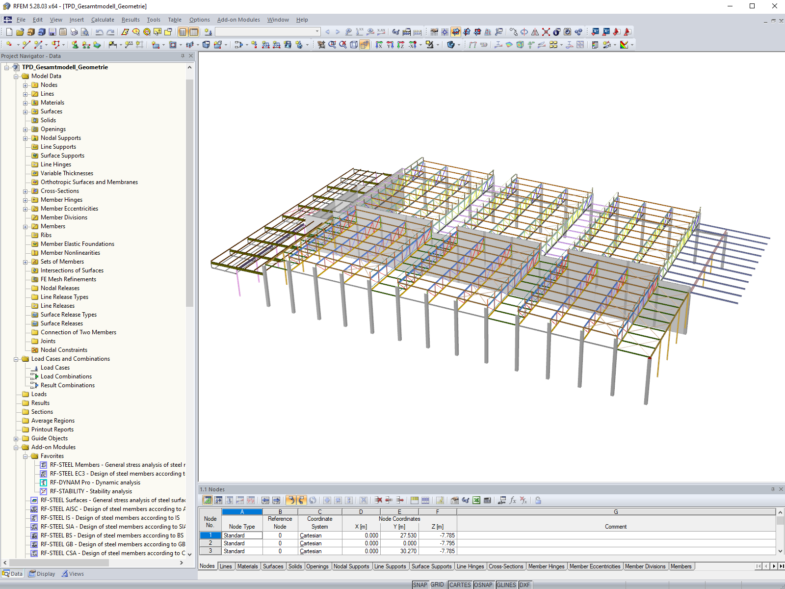 Celkový model hal v programu RFEM (pro účely prezentace, © Isenmann Ingenieure)