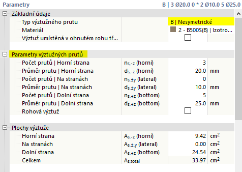 Parametry výztužných prutů pro nesymetrickou výztuž