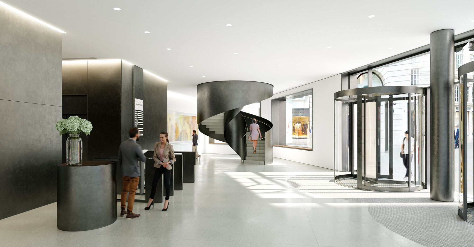 Točité schodiště ve vstupním prostoru kancelářské budovy (animace, © Fletcher Priest Architects)