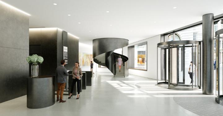 Točité schodiště ve vstupním prostoru kancelářské budovy (animace, © Fletcher Priest Architects)