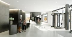 Točité schodiště ve vstupním prostoru kancelářské budovy (animace, © Fletcher Priest Architects)