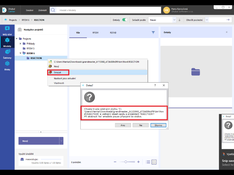 FAQ 005300 | Jak lze odstranit připojení ke složce projektu v Dlubal centru?