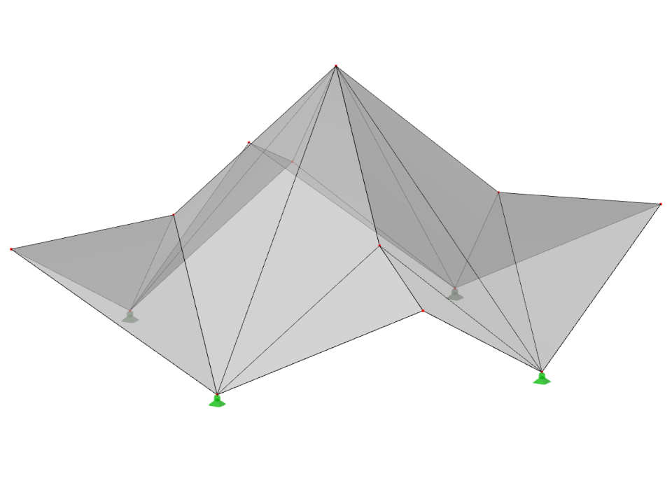Model ID 530 | 034-FPC011 | Prizmatické lomenicové konstrukce. Křížem zalomené plochy diagonálně pnuté nad obdélníkovým půdorysem, hřebeny stoupající směrem do středu