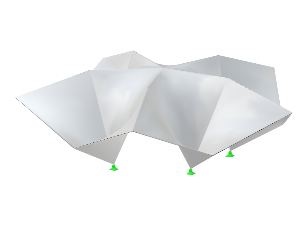 Model antiklastické skořepinové konstrukce s variabilním polygonálním podepřením detailujícím výšku a konfiguraci délky strany.