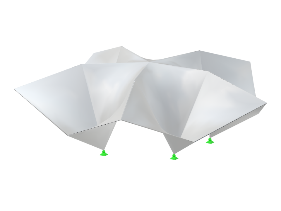 Model antiklastické skořepinové konstrukce s variabilním polygonálním podepřením detailujícím výšku a konfiguraci délky strany.