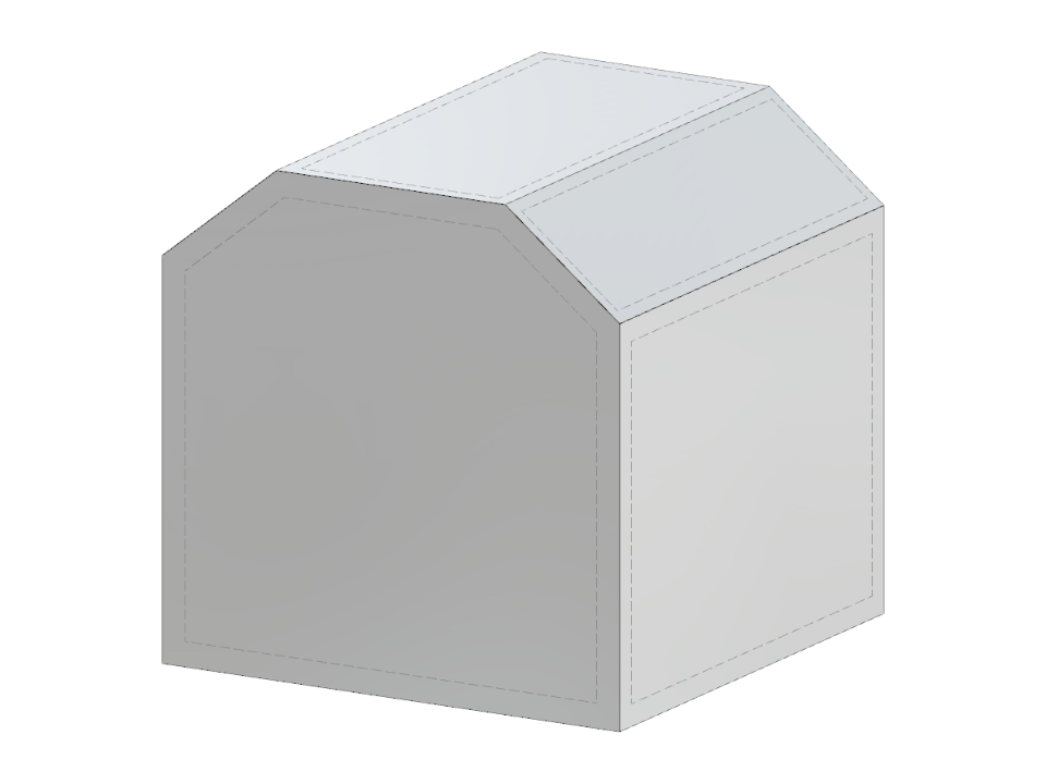 3D model šestibokého hranolu s nepravidelným tvarem s mansardovou střechou.