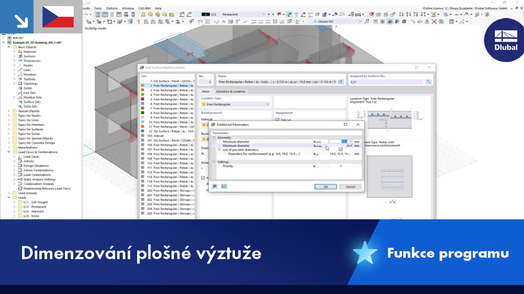 Darstellung der Auslegung von Flächenbewehrung in einem Bauprojekt. Nutzung einer spezifischen Technologiefunktion zur Optimierung der Bewehrungsverteilung bei Stahlbetonbauteilen.