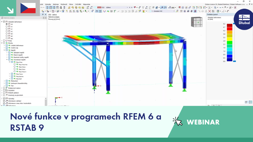 Prezentace webináře o nových funkcích v softwarových programech RFEM 6 a RSTAB 9 pro konstrukční inženýrství.