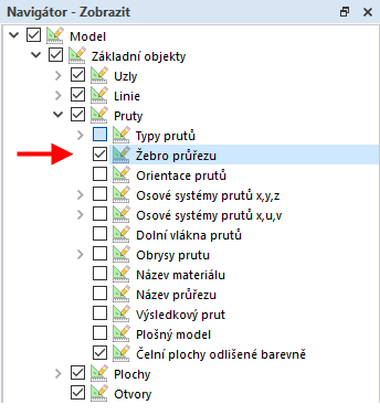 Možnost zobrazení průřezu žebra