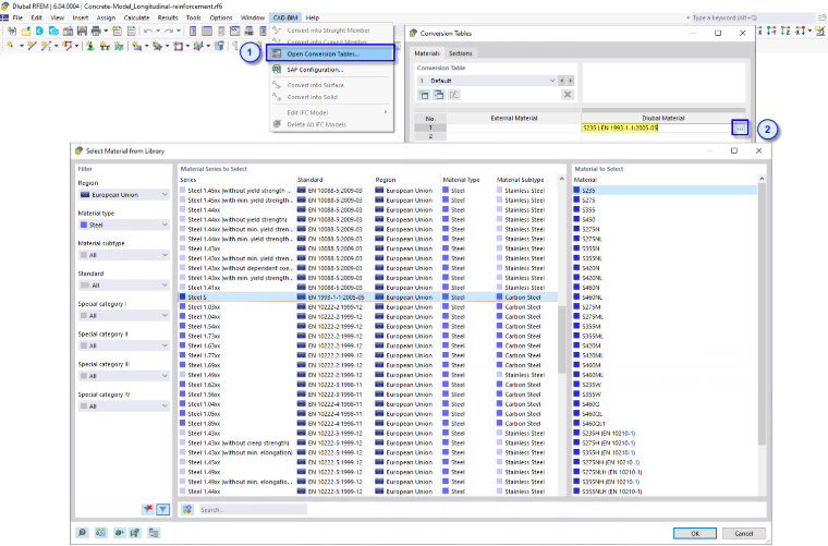 Otevřít převodní tabulky s úplnými názvy materiálů nebo průřezů v programu RFEM