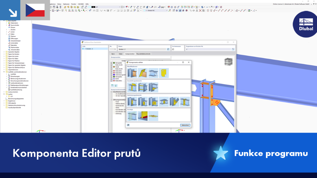 Editor prutů zobrazuje nastavení lineární a nelineární  analýzy pro nosník