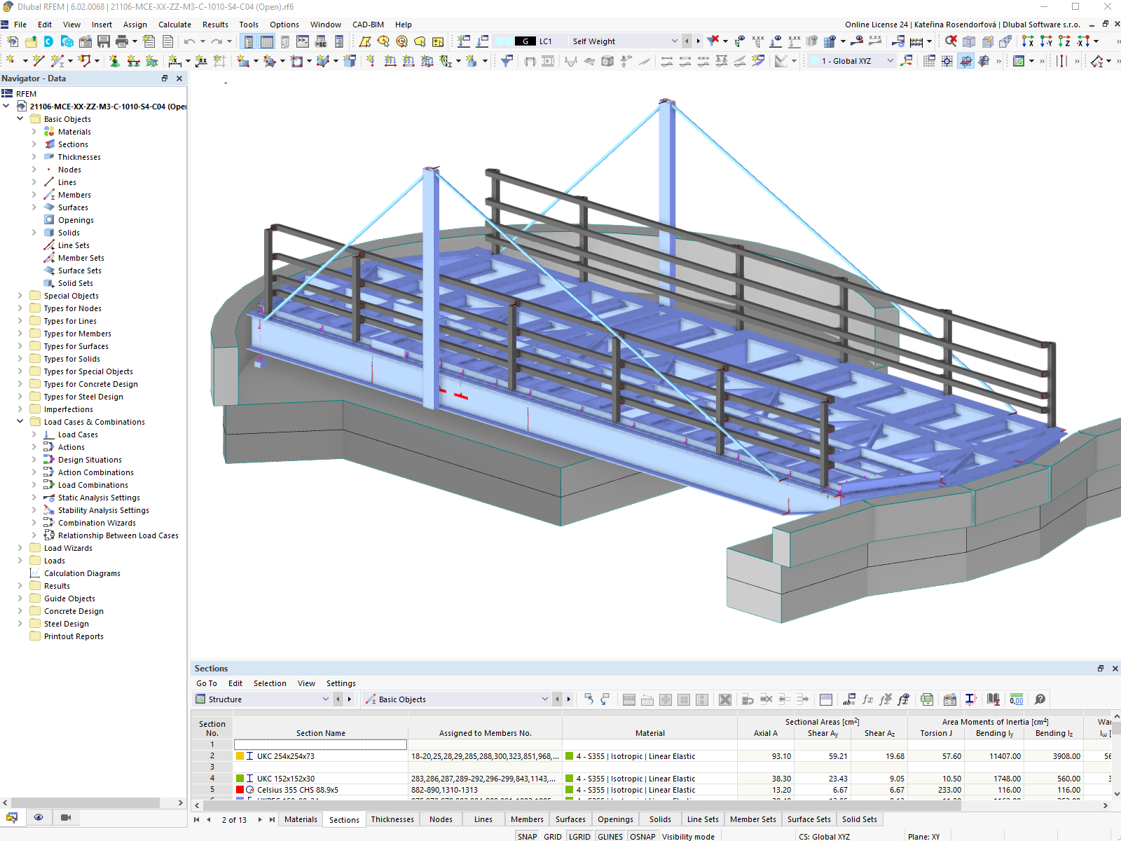 RFEM model Airedalského otočného mostu v otevřeném stavu