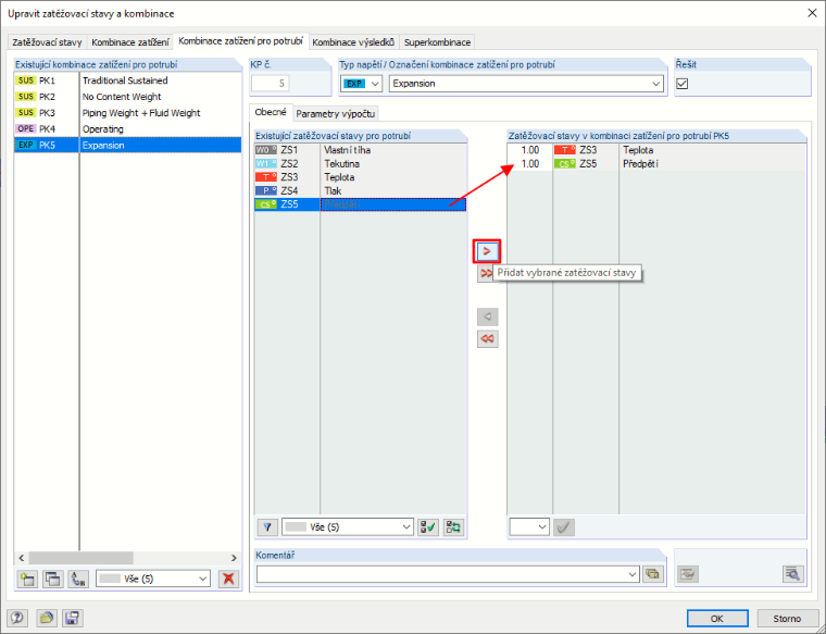 FAQ 005405 | Posuzují potrubí pomocí přídavného modulu RF-PIPING Design. Vytvořil jsem si nový zatěžovací stav pro předpětí a zatížil potrubí podélným posuvem.Lz