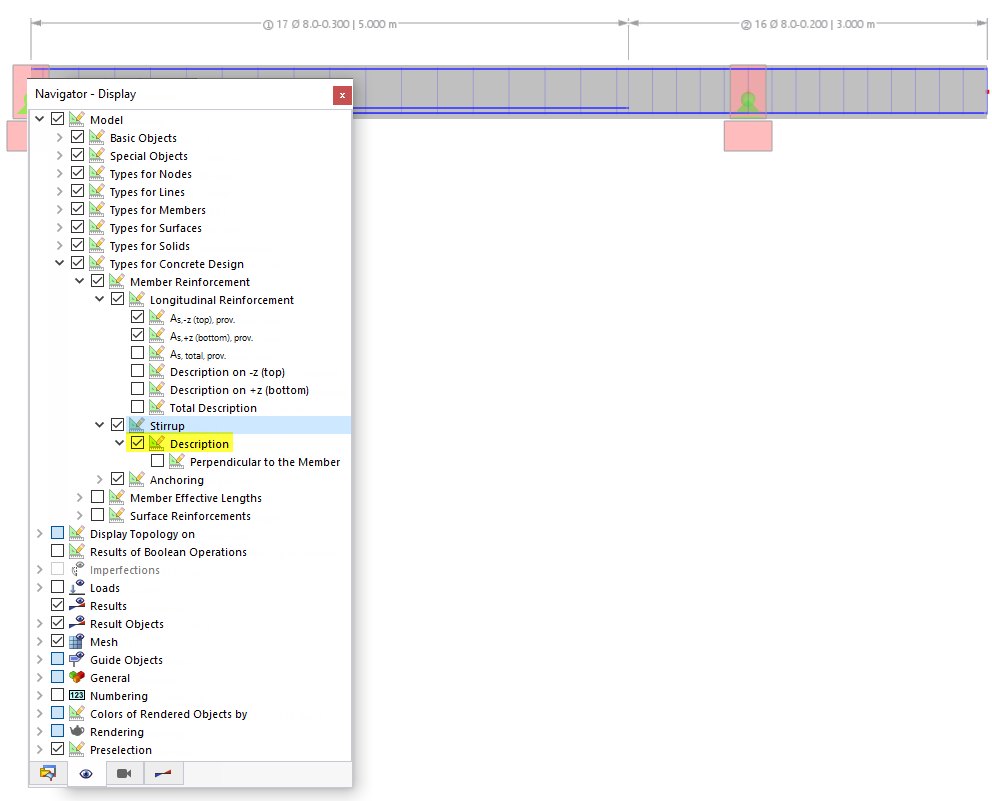 Zobrazení třmínkové výztuže jako výpisu výztuže