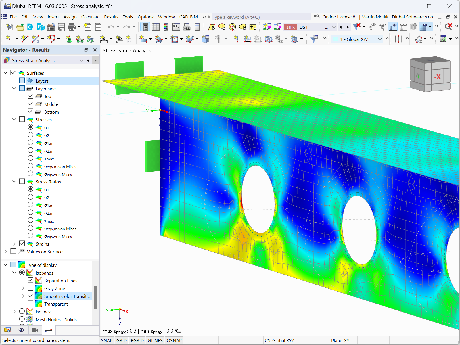 Zobrazení napětí-přetvoření v programu RFEM 6 s možnostmi výpočtu maximálního napětí a optimalizace průřezu.