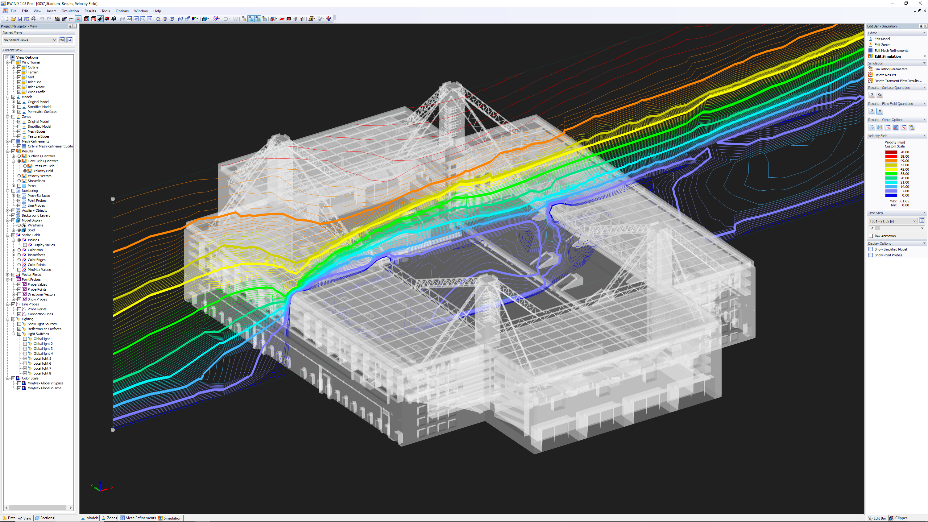 3D model stadionu Old Trafford s barevně odlišeným prouděním větru, analyzovaný v programu RWIND