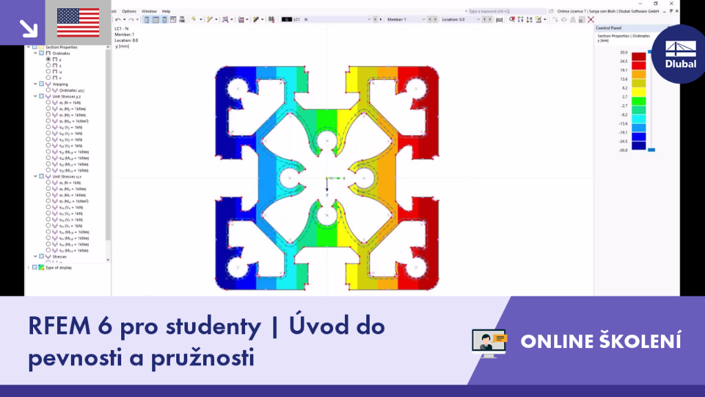 Skupina studentů se účastní online školení zaměřeného na osvojení základů pevnosti materiálů pomocí softwaru RFEM 6, které vede lektor prostřednictvím digitální platformy.