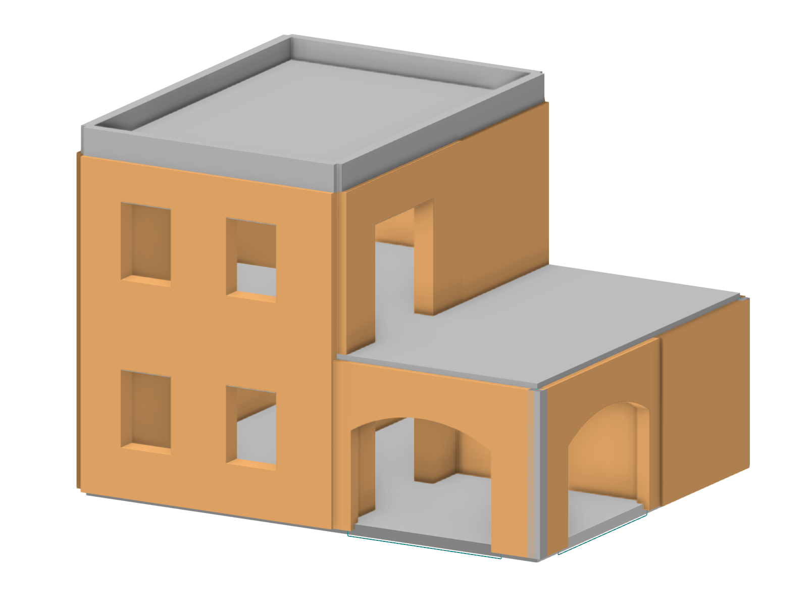 3D model budovy se zděnými stěnami a železobetonovými stropy pro statickou analýzu.