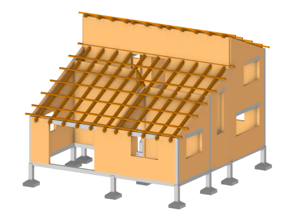 Model budovy z cihelného zdiva se železobetonovými základy zatížené do softwaru RFEM pro statickou analýzu.