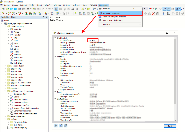 Kde najdu v programu RFEM 6 nebo RSTAB 9 své zákaznické číslo?