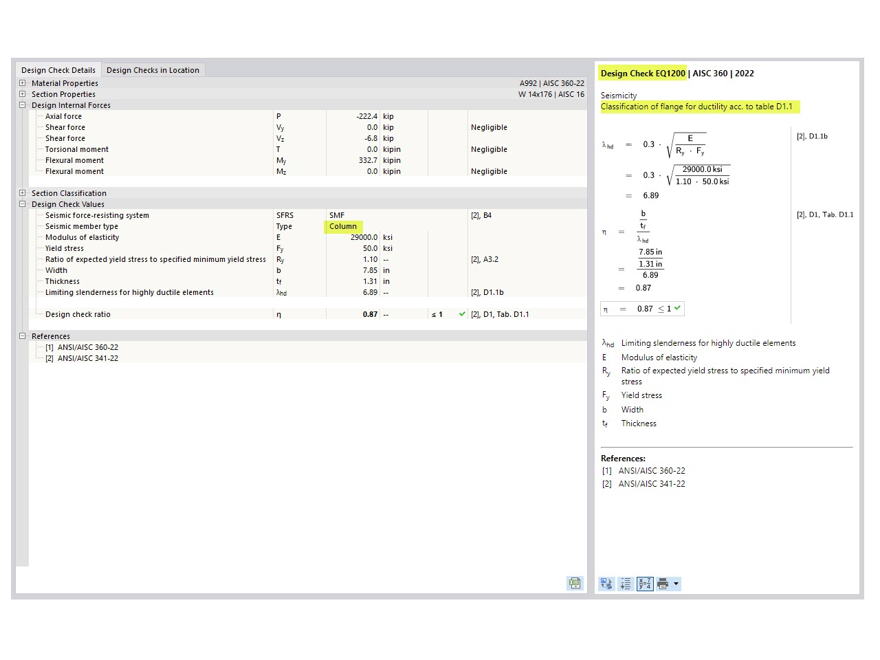 KB 001875 | Posouzení momentových rámových prutů podle AISC 341-22 v programu RFEM 6