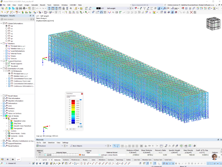 RFEM model regálového skladu s výsledky deformací