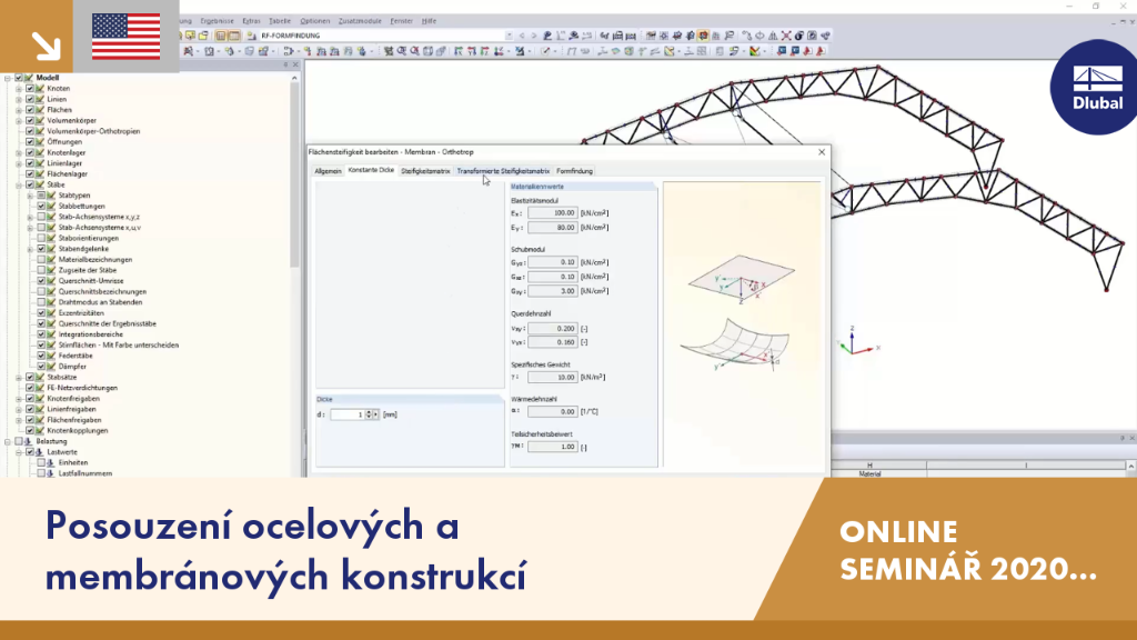 Počítačem podporovaný návrhový program, který zobrazuje rozhraní pro ocelové a membránové konstrukce s více panely nástrojů a 3D modelem.