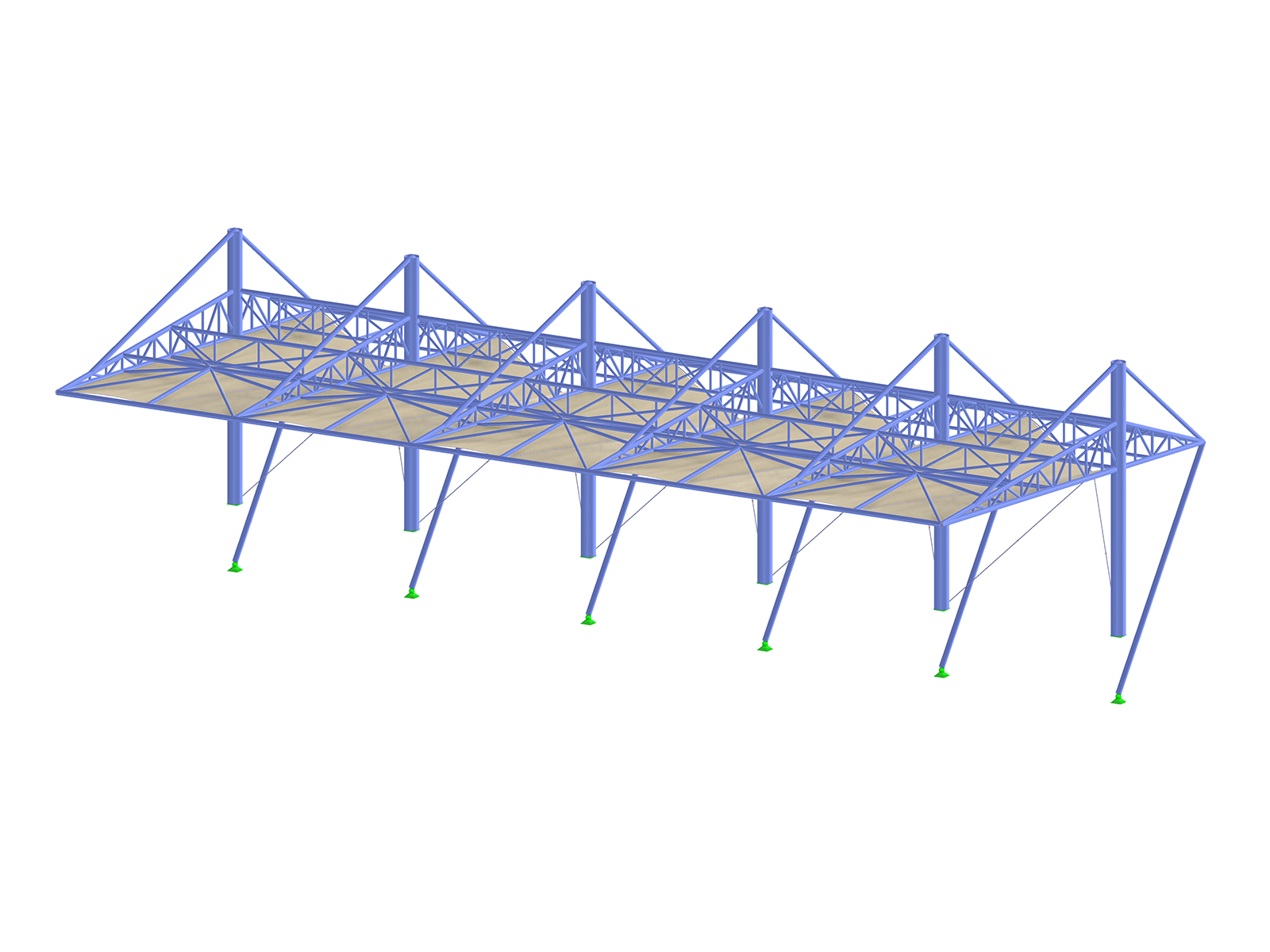 3D model membránové střešní konstrukce podepřené ocelovými nosníky. Tato střecha je určena pro tribunu nebo hlediště a poskytuje ochranu a stín. Konstrukce se skládá z modrých ocelových vazníků a nosníků, které tvoří řadu trojúhelníkových a obdélníkových tvarů.
