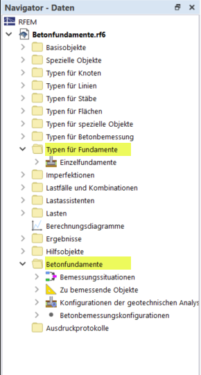 Kategorie pro betonové základy v navigátoru