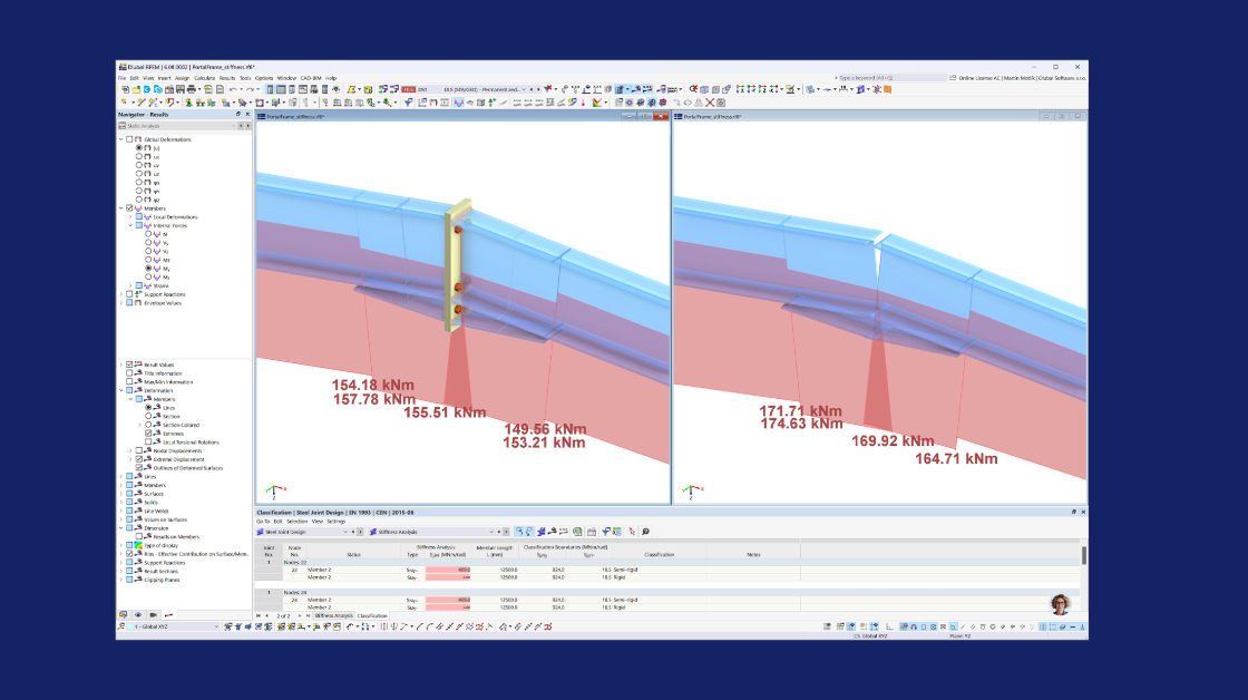 Analýza polotuhých kloubů v programu RFEM 6 se zobrazením počáteční tuhosti