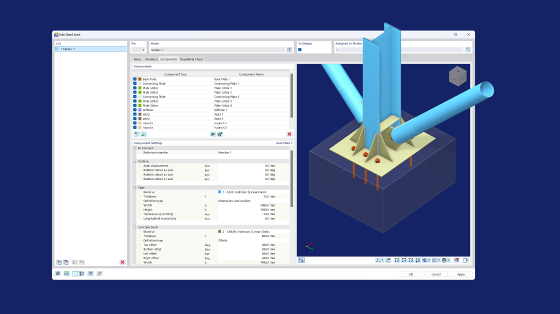 "RFEM 6 dialog zobrazující knihovnu komponent ocelových přípojů."