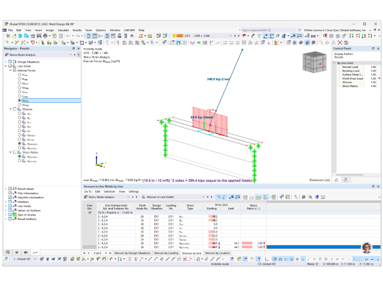 Výsledky napětí v liniových svarech pro návrh koutového svaru podle AISC v programu RFEM 6